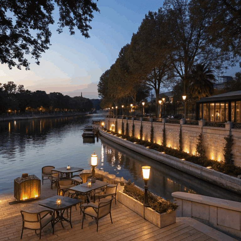Terrasse au bord du Bassin Jacques C&oelig;ur